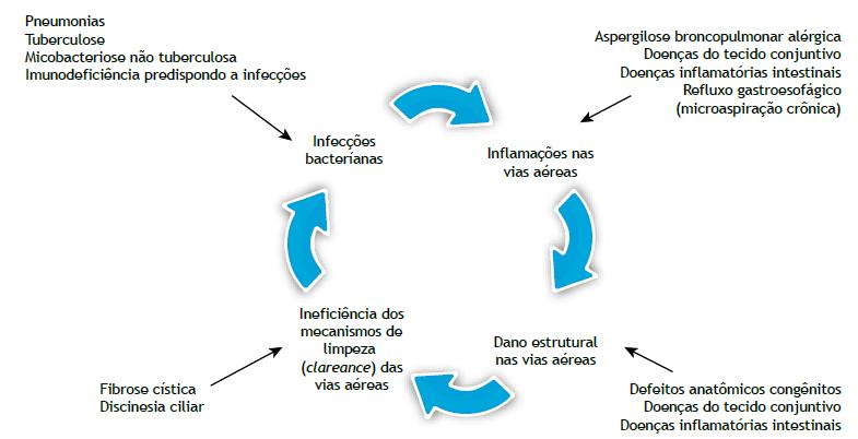 Esquema do Ciclo Vicioso de Cole: Pneumonias, Tuberculose, Infecções bacterianas, Inflamações nas vias aéreas, Dano estrutural, Ineficiência do clearance