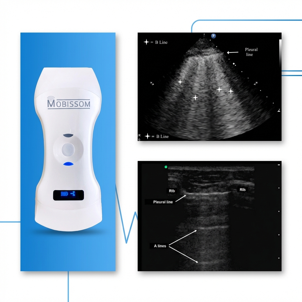 Ultrassom portátil POCUS - Aparelho Mobissom e exemplos de imagens ultrassonográficas do tórax